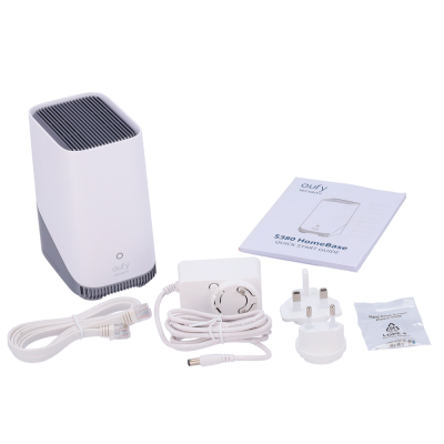 Base de segurança eufy S380 HomeBase com acessórios e manual