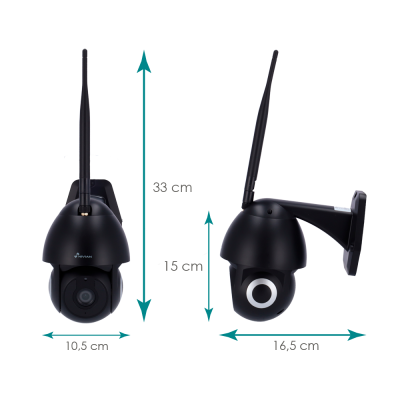 Câmara de vigilância PTZ preta com antena e medidas indicadas ao lado de uma coluna de som branca