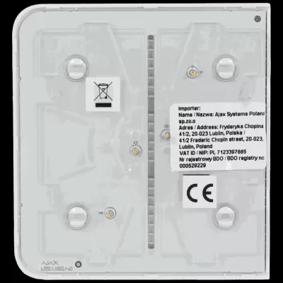 Parte traseira branca de dispositivo eletrónico com etiquetas e símbolos
