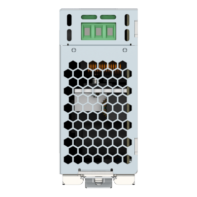 Fonte de alimentação metálica com grelha hexagonal e conector verde