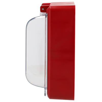 Dispositivo retangular vermelho com tampa transparente de plástico