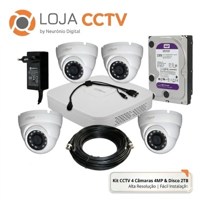 Kit CCTV com 4 câmaras Dahua, disco WD Purple 2TB, transformador, cabo e unidade central.