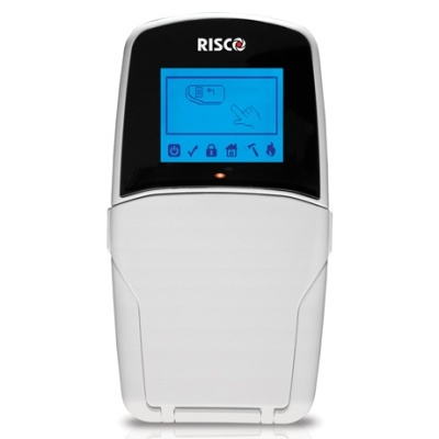 Dispositivo RISCO branco e preto com ecrã azul e ícones visíveis