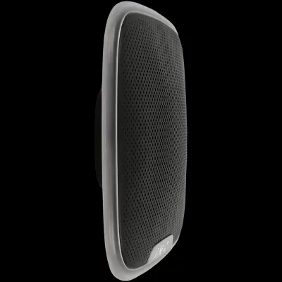 Coluna portátil preta com padrão de furos na frente e borda cinza