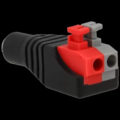 Conector elétrico de plástico preto, vermelho e cinzento com duas aberturas circulares