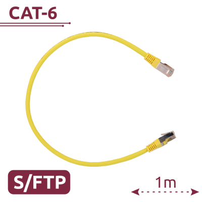 Cabo de rede amarelo CAT-6 com conectores RJ45 e texto informativo.