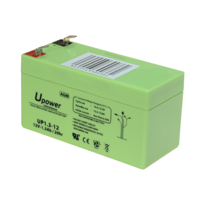 Bateria recarregável verde clara Upower AGM 12V 1.3Ah/20hr com etiquetas e código de barras