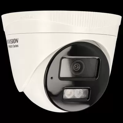 Câmara de segurança Hikvision HiWatch Series branca e preta com lente e LEDs