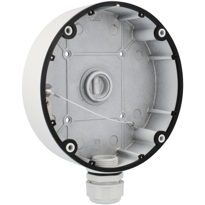 Caixa redonda metálica cinza com borda branca e cabo branco.