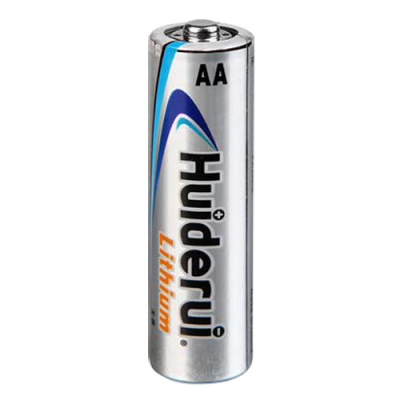 Pilha AA Hyperui Lithium prateada com texto preto e detalhes azuis e laranja