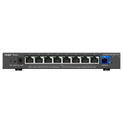 Switch de rede Rj45 Ruijie preto com portas Ethernet e etiquetas