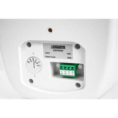 Parte traseira de altifalante branco com etiqueta DSPP DSP6050 e conector verde
