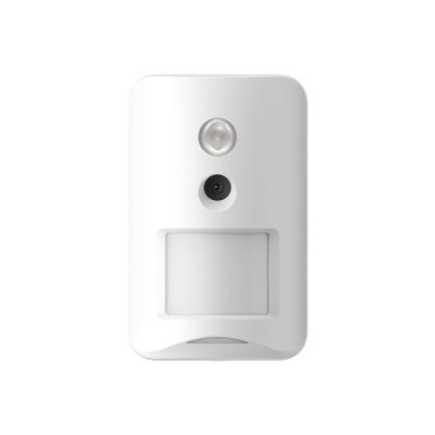 Dispositivo retangular branco com luz, lente e sensor.