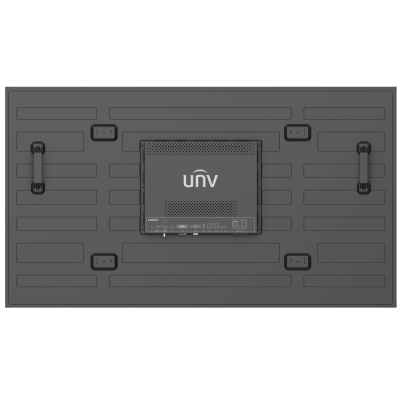Parte traseira de monitor preto com logótipo unv e várias portas de conexão.