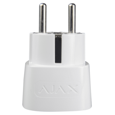 Adaptador de tomada branco com dois pinos metálicos e logótipo 'AJAX'