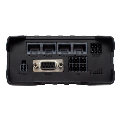 Dispositivo eletrónico preto com várias portas LAN, RS232, PWR, I/O e RS-485