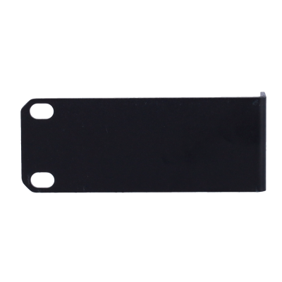 Suporte metálico preto com dois orifícios elípticos e borda dobrada