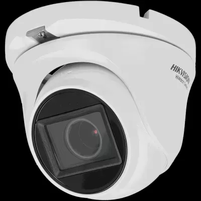 Câmara de vigilância dome branca com lente preta e inscrição HIKVISION HiWatch Series