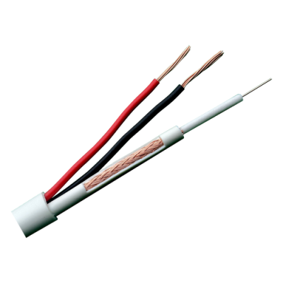 Cabo elétrico branco com fios vermelho, preto e cobre expostos