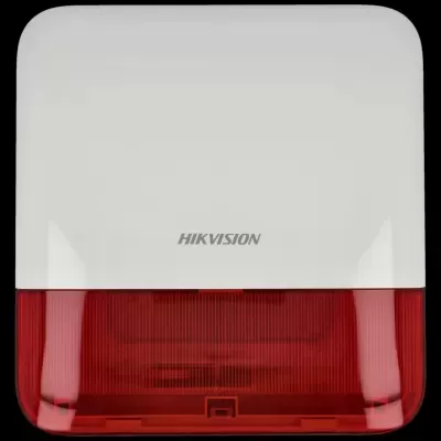 Alarme de segurança branco com parte inferior vermelha translúcida e texto HIKVISION