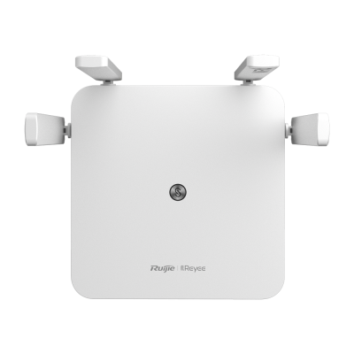 Ponto de acesso Wi-Fi Ruijie Reyee branco com quatro antenas ajustáveis.