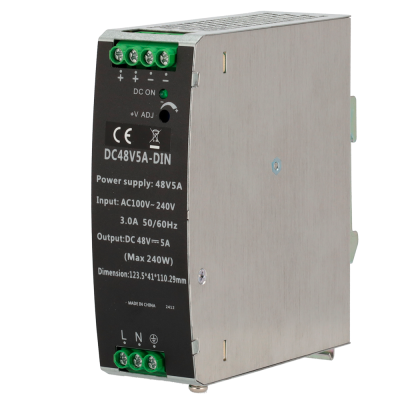 Fonte de alimentação DC48V5A-DIN metálica com terminais verdes e texto branco