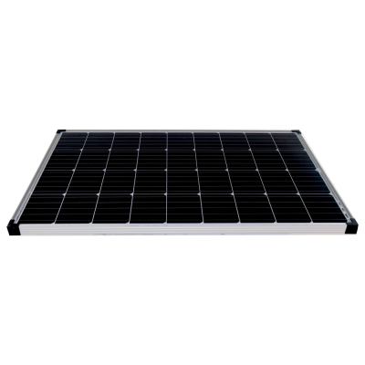 Painel solar retangular preto com moldura prateada em fundo branco