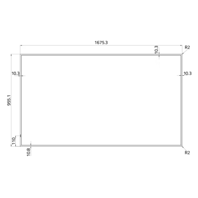 Desenho técnico rectangular com dimensões e cantos arredondados