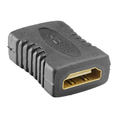 Adaptador HDMI preto com contactos dourados e texto HDMI em relevo