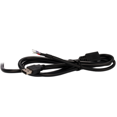 Cabo USB preto com conector USB tipo A e fios expostos na extremidade oposta