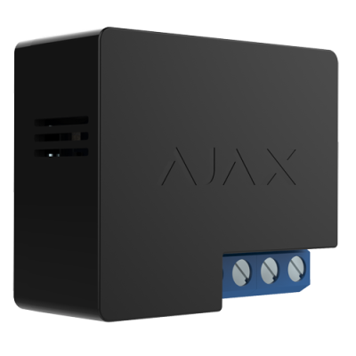 Dispositivo electrónico preto com inscrição AJAX e detalhes azuis de parafusos.