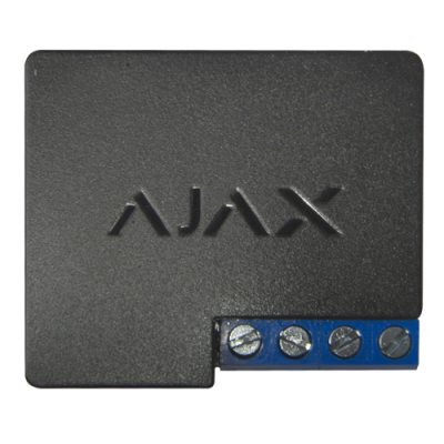 Dispositivo eletrônico preto com logo AJAX e parafusos em faixa azul