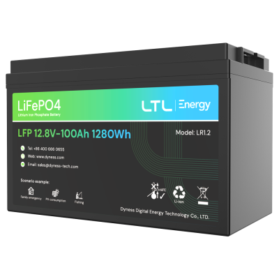 Bateria LiFePO4 preta retangular com etiqueta colorida e especificações técnicas