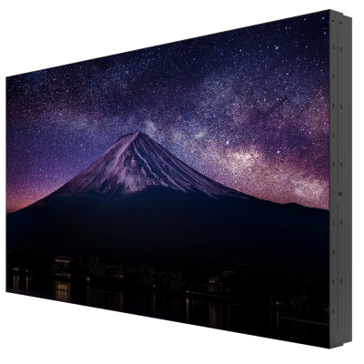 Ecrã LED grande com imagem de monte nevado sob céu estrelado roxo