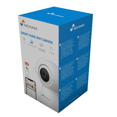 Caixa azul e branca de câmara WiFi para casa inteligente da marca Nivian
