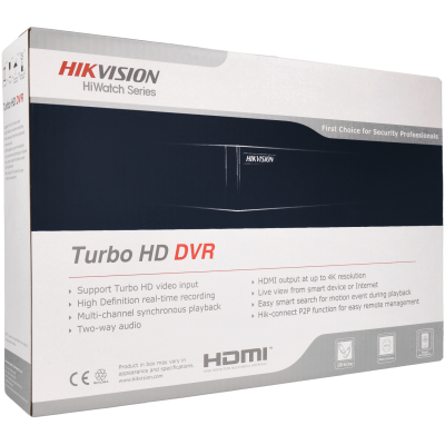 Caixa branca e cinza do Turbo HD DVR Hikvision com texto técnico