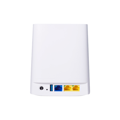 Roteador branco com portas LAN, WAN, USB e conector DC 12V