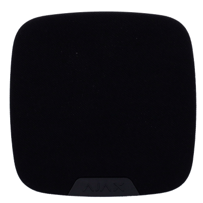 Coluna de som preta quadrada com textura têxtil e base com a palavra AJAX