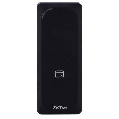 Leitor de cartão RFID preto com ícone e logo ZKTeco