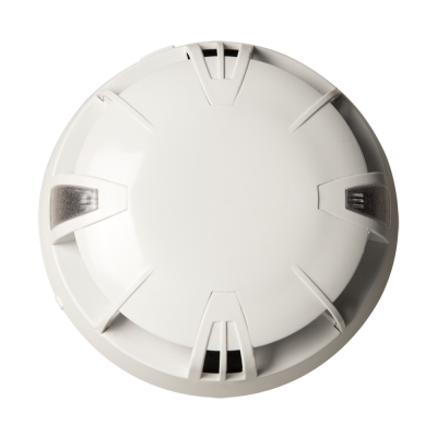 Detetor de fumo branco redondo com aberturas e detalhes em relevo
