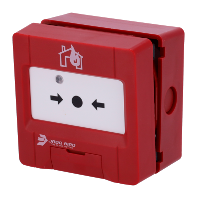 Dispositivo de alarme de incêndio vermelho com painel branco e texto JADE BIRD