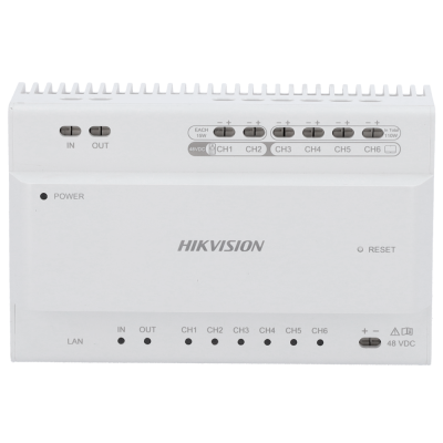 Dispositivo eletrónico branco HIKVISION com várias ligações e indicadores LED