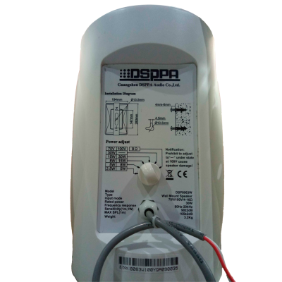 Alto-falante DSPPA branco montado na parede com etiqueta técnica detalhada.