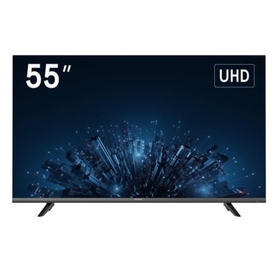 Televisor 55 polegadas UHD com ecrã preto e imagem digital azul
