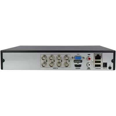 Equipamento eletrónico com várias portas de conexão, incluindo vídeo BNC, VGA, HDMI, áudio, USB e LAN