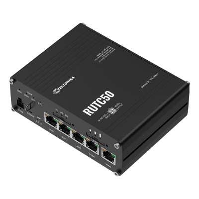 Roteador preto Teltonika RUT950 com portas Ethernet e texto branco