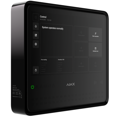 Painel de controlo preto para sistema de alarme contra incêndios com ecrã digital e texto AJAX.