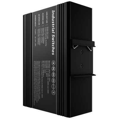 Caixa preta de interruptores industriais com texto branco e certificações