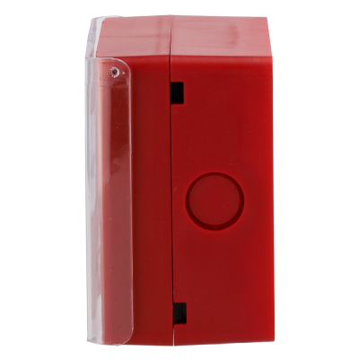 Caixa vermelha com botão circular e tampa transparente lateral