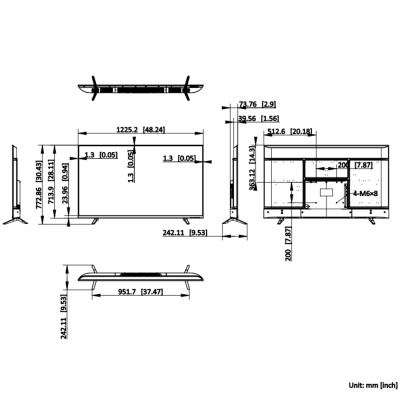 Desenho técnico do suporte de televisão com dimensões em milímetros e polegadas